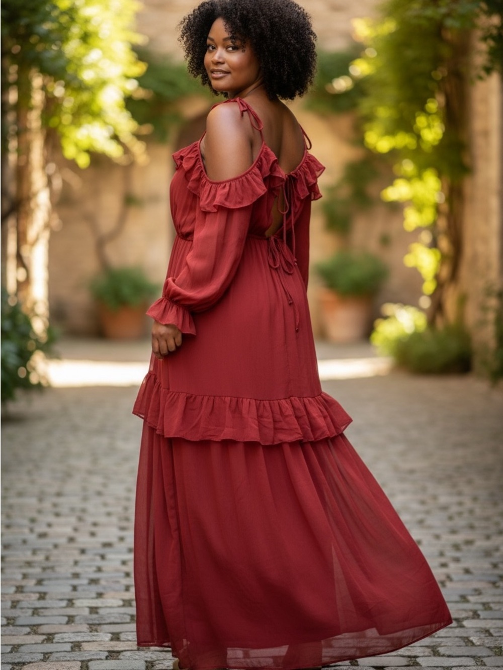 ASOS Rust-Red Ruffle Cold-Shoulder Maxi Dress - Picture 2 of 4